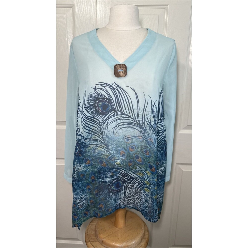 Indigo Soul Peacock Feather Tunic Blouse Button Detail Adjustable Sleeves Sz M